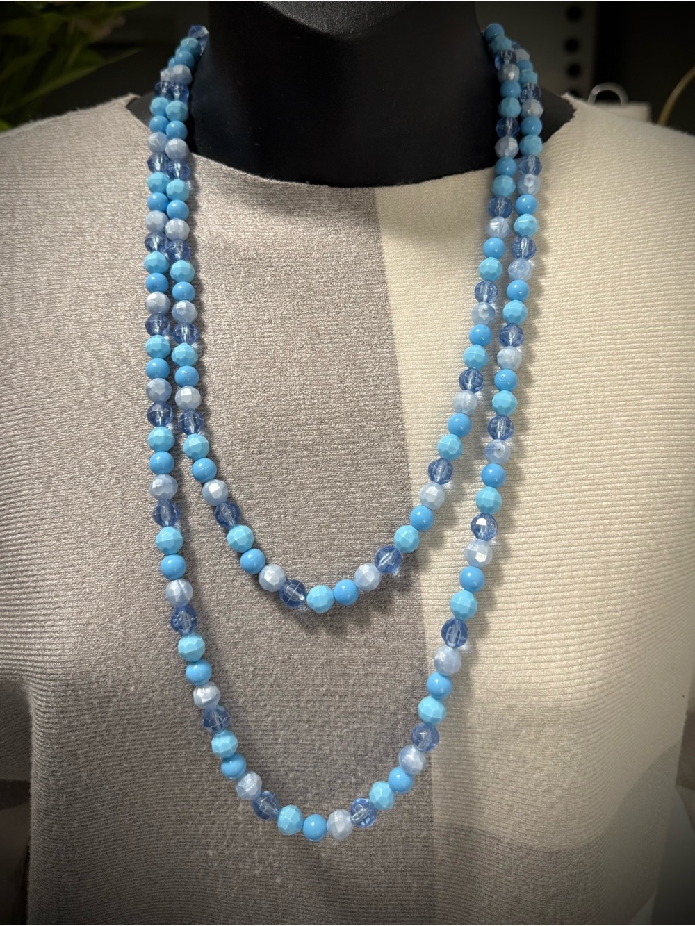Vintage 1960s Era Blue Plastic Beaded Long Necklace Box Clasp Retro